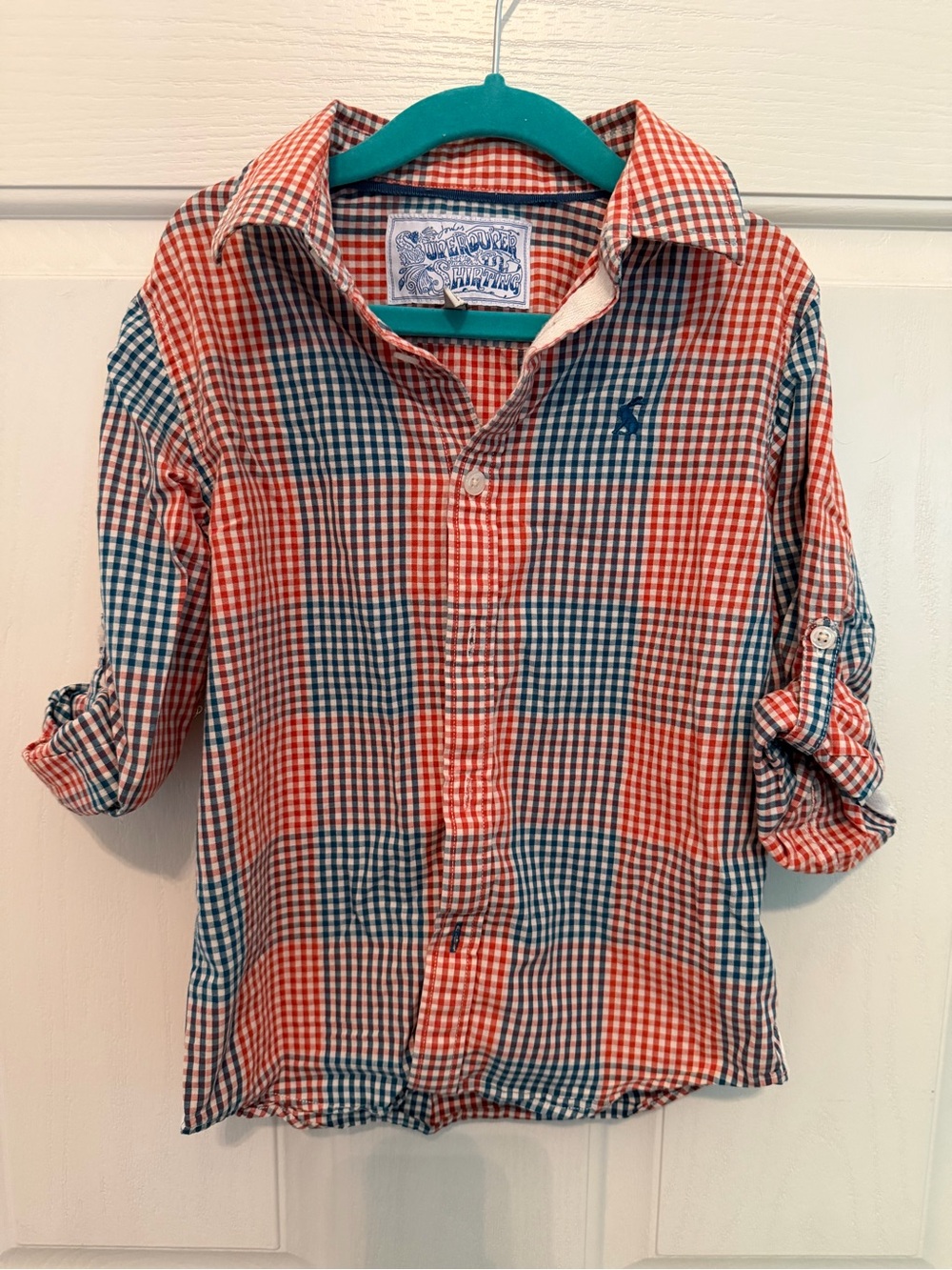 Joules Orange and Blue Gingham Plaid Button-Down Shirt, Boys 6